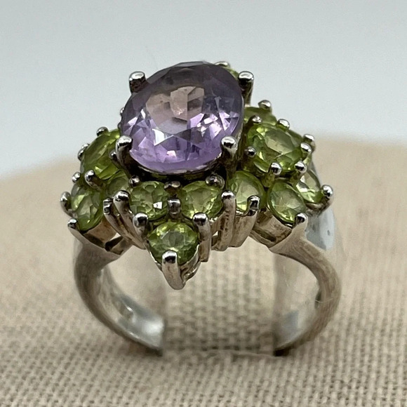 Vintage SETA Sterling Silver Amethyst & Peridot Cluster Ring Size 5 - Picture 4 of 16
